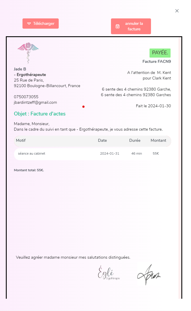 Facture conforme générée par HouseMed